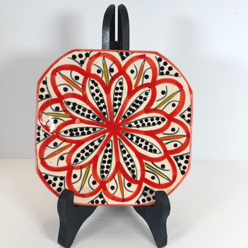 Moroccan Ceramic Plate Hand Painted Octagonal shape Flower Black Dots Decorative